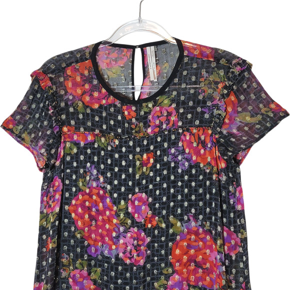 Anthropologie Fiorella Floral Blouse Gold Metallic Beaded Black Pink Red 4 - Picture 3 of 16